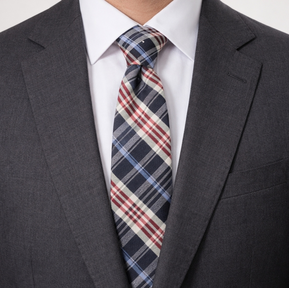 Tommy Hilfiger Mens Necktie Plaid Black Blue Red and White.